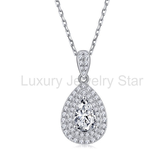 Double Halo Pear Moissanite Pendant Necklace