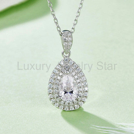 Double Halo Pear Moissanite Pendant Necklace - image 2