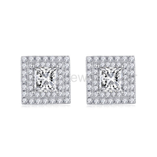 Double Halo Princess Cut Moissanite Stud Earrings In Sterling Silver