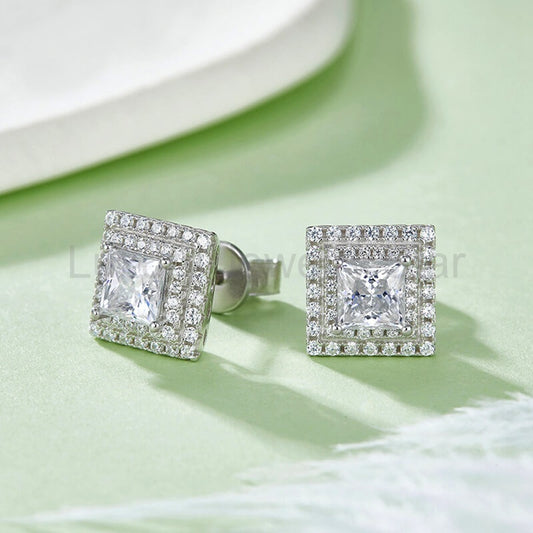 Double Halo Princess Cut Moissanite Stud Earrings In Sterling Silver - image 2