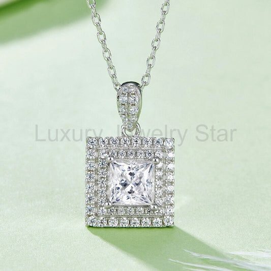 Double Halo Princess Moissanite Pendant Necklace - image 2
