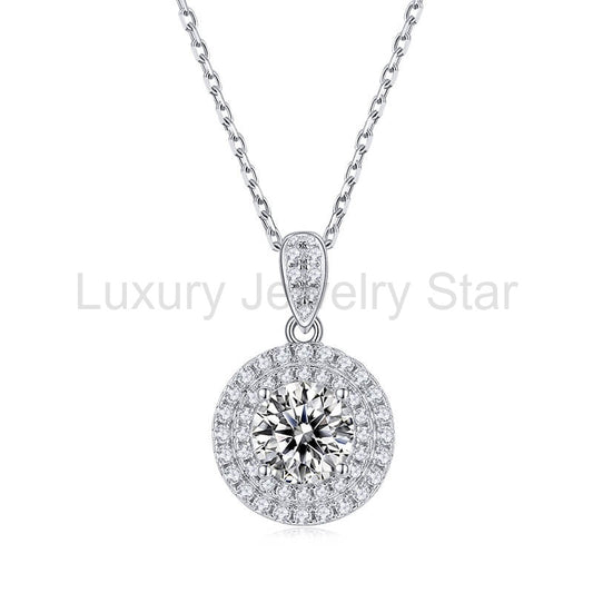 Double Halo Round Moissanite Pendant Necklace