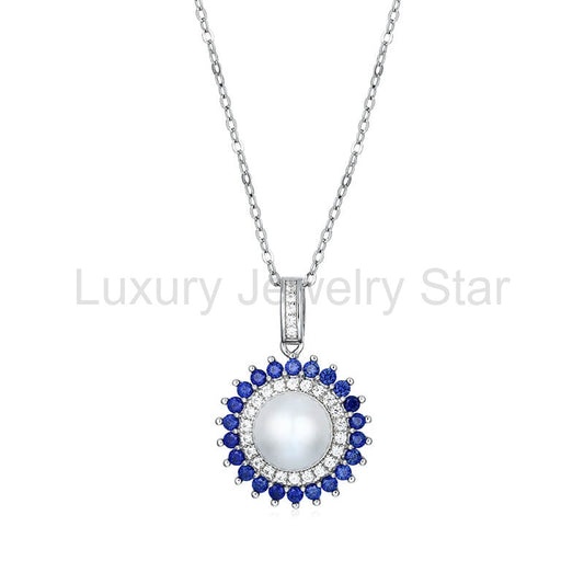 Double Halo Round Pearl Necklace In Sterling Silver