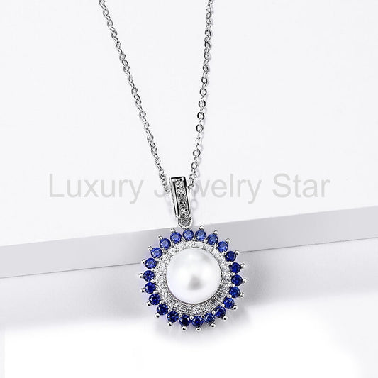 Double Halo Round Pearl Necklace In Sterling Silver - image 2