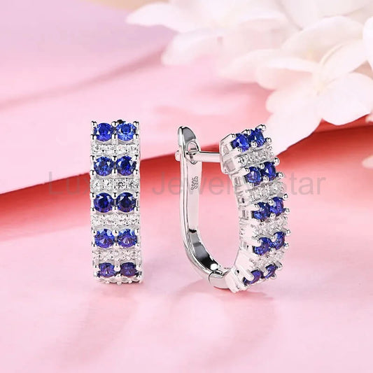 Double Row Lab-Created Sapphire Huggie Hoop Earrings In Sterling Silver - image 2