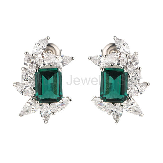 Emerald Cluster Marquise Accents Sterling Silver Stud Earrings - image 2
