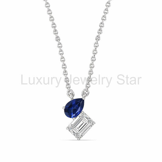 Emerald-Cut Moissanite And Pear Sapphire Necklace In Sterling Silver