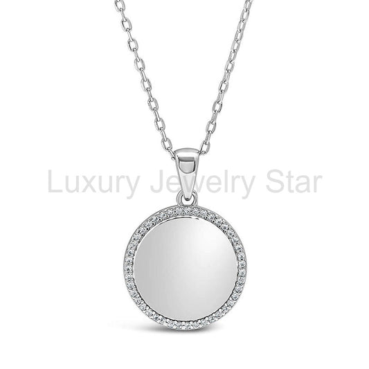 Engravable Personalized Halo Disc Moissanite Pendant Necklace