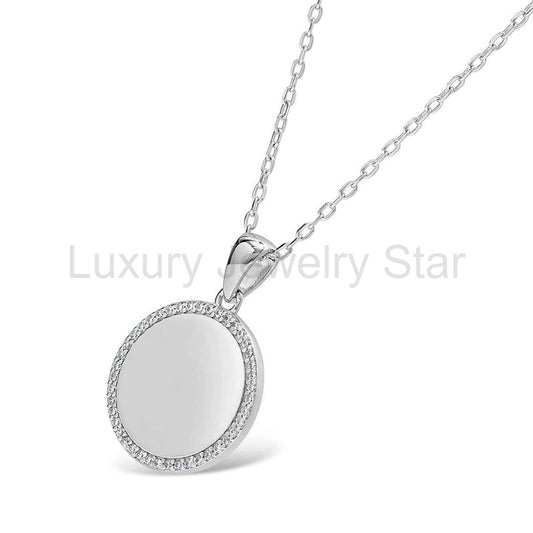 Engravable Personalized Halo Disc Moissanite Pendant Necklace - image 2