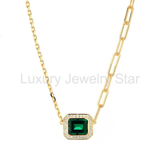 Fashion Halo Emerald Horizontal Necklace In Sterling Silver