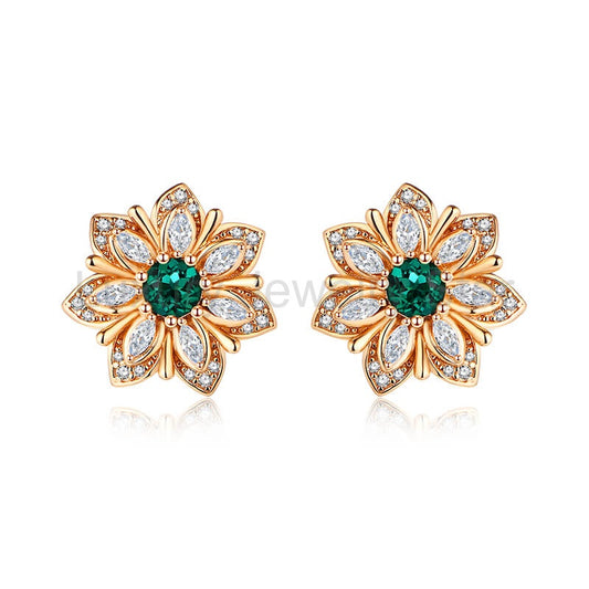 Flower Round Emerald Stud Earrings In Sterling Silver - image 2