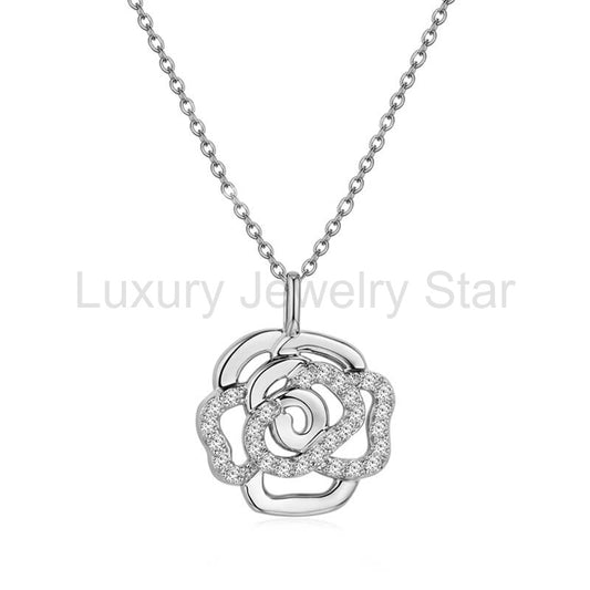 Flower Round Moissanite Pave Sterling Silver Necklace