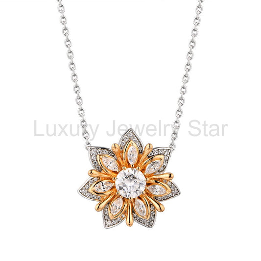 Flower Round Moissanite Two Tone Necklace In Sterling Silver