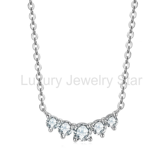 Graduated Five Stone Round Moissanite Sterling Silver Necklace