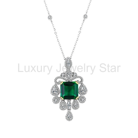 Halo Asscher Emerald Pave Drop Necklace In Sterling Silver