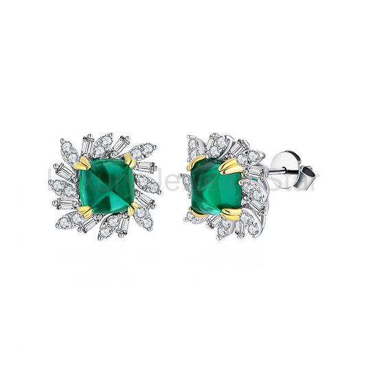 Halo Cushion Cut Emerald Two Tone Stud Earrings In Sterling Silver