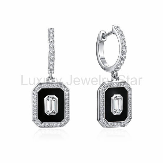 Halo Emerald Cut Moissanite Enamel Pave Drop Earrings In Sterling Silver