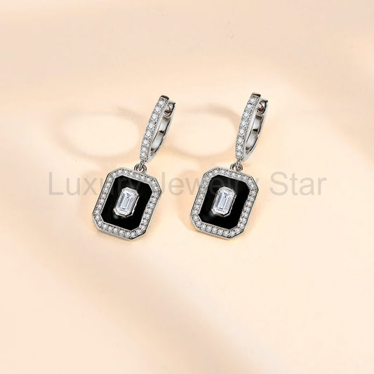 Halo Emerald Cut Moissanite Enamel Pave Drop Earrings In Sterling Silver - image 2