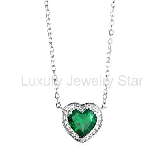 Halo Heart Emerald Necklace In Sterling Silver