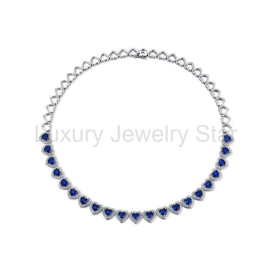 Halo Heart Sapphire Tennis Necklace In Sterling Silver