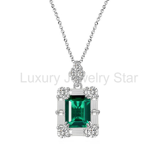 Halo Lab-Created Emerald Baguette Accents Sterling Silver Necklace