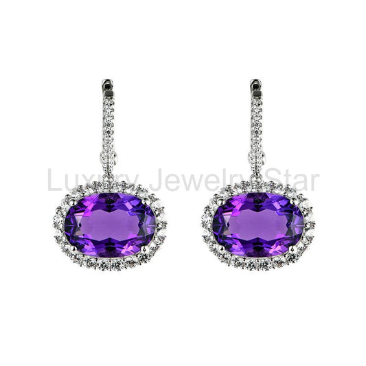 Halo Oval Cut Amethyst Sterling Silver Drop Earrings