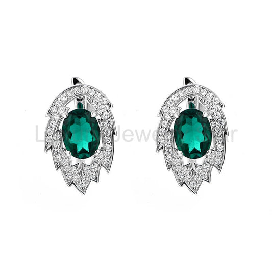 Halo Oval Emerald Leaf Hoop Earrings In Sterling Silver - image 2