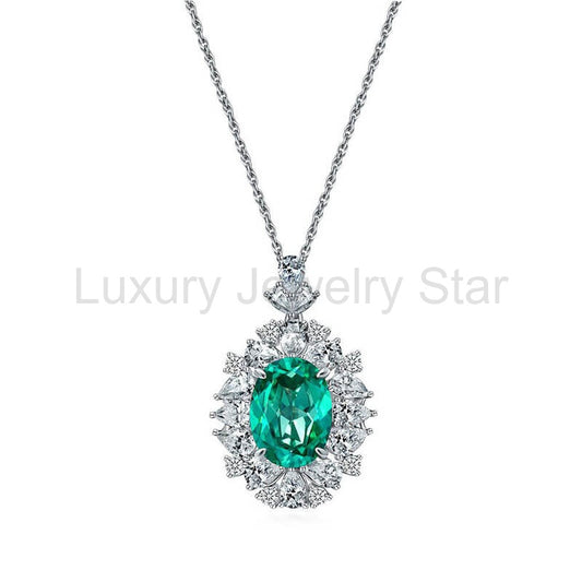 Halo Oval Paraiba Cluster Sterling Silver Necklace