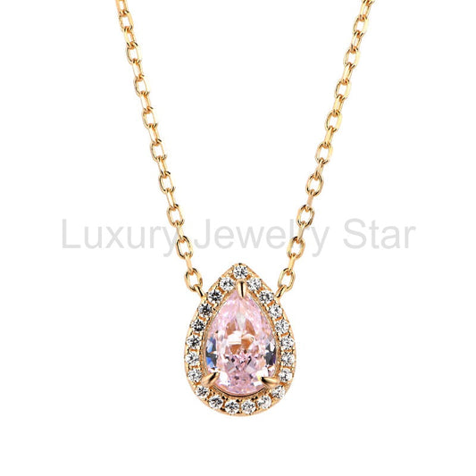 Halo Pear Cut Pink Corundum Sterling Silver Necklace