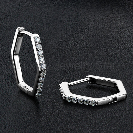 Hexagon Hoop Moissanite Pave Earrings In Sterling Silver - image 2