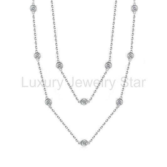 Layered Spaced Bezel Set Round Moissanite Sterling Silver Necklace