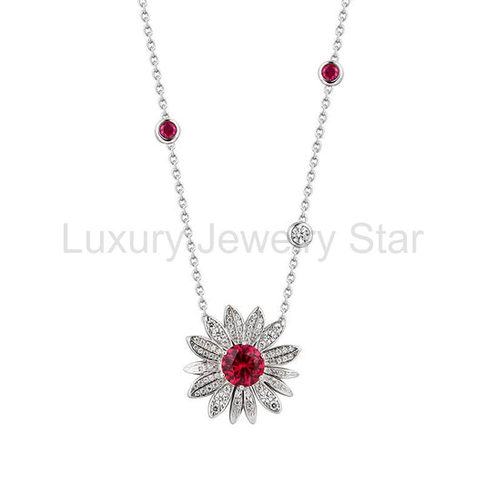 Leaf Halo Ruby Cluster Necklace In Sterling Silver