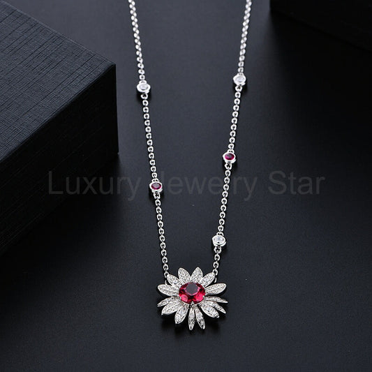 Leaf Halo Ruby Cluster Necklace In Sterling Silver - image 2