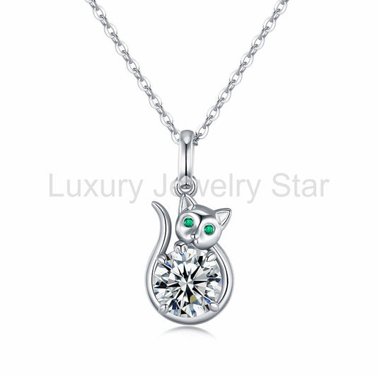 Lucky Cat Moissanite Necklace In Sterling Silver