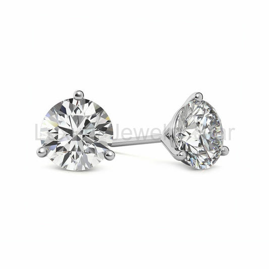 Martini Three Prong Solitaire Moissanite Stud Earrings In Sterling Silver