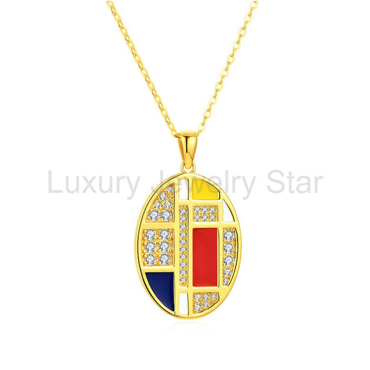 Mondrian "Famous Paintings" Inspired Moissanite Enamel Drop Necklace In Sterling Silver