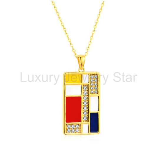 Mondrian "Famous Paintings" Inspired Moissanite Enamel Drop Necklace In Sterling Silver - image 2