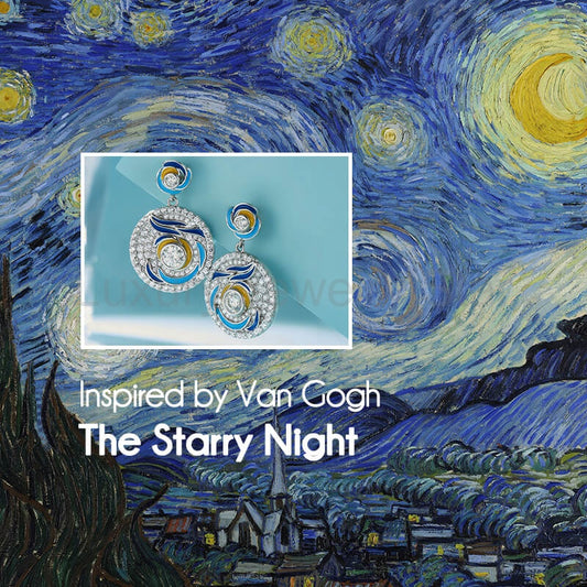 Paintings "The Starry Night" Inspired Moissanite Enamel Drop Earrings - image 2