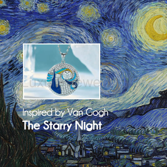 Paintings "The Starry Night" Inspired Moissanite Enamel Drop Necklace - image 2
