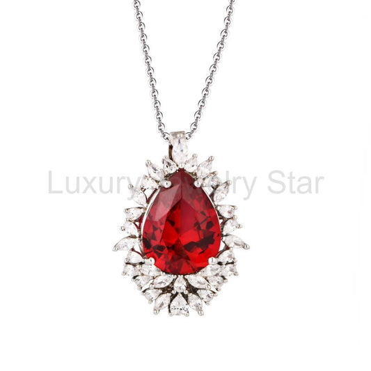 Pear Cut Ruby Cluster Sterling Silver Necklace