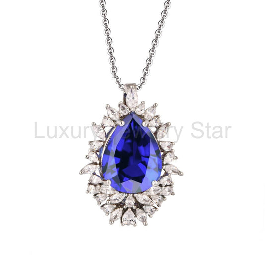 Pear Cut Sapphire Cluster Sterling Silver Necklace