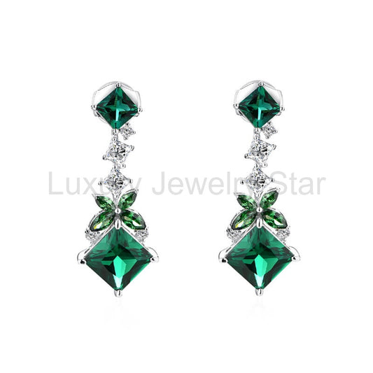 Princess Cut Emerald Chain Drop Earrings In Sterling Silver