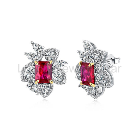 Radiant Cut Ruby Flower Accents Stud Earrings In Sterling Silver