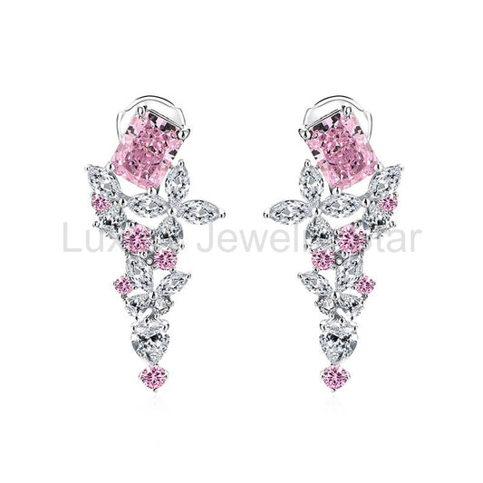 Radiant Cut Sapphire Cluster Drop Earrings In Sterling Silver