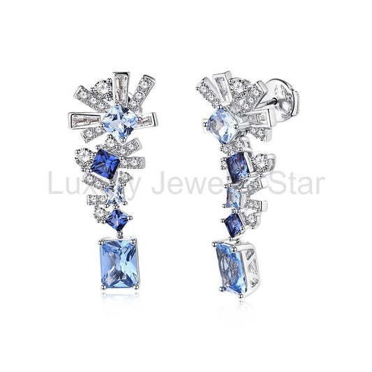 Radiant Cut Sapphire Geometric Drop Earrings In Sterling Silver