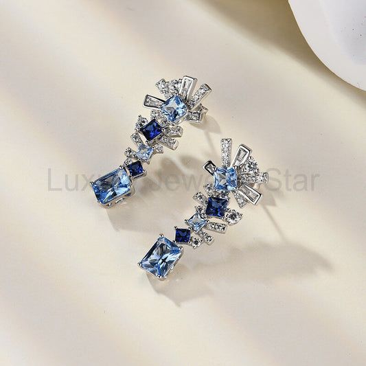 Radiant Cut Sapphire Geometric Drop Earrings In Sterling Silver - image 2