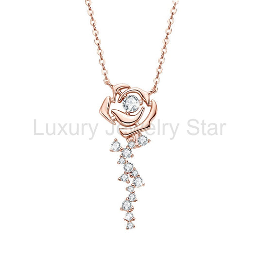 Rose Flower Moissanite Cluster Accents Sterling Silver Necklace
