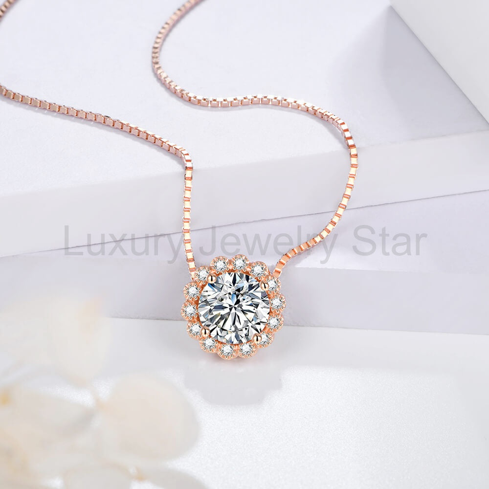 Rose Gold Halo Round Moissanite Sterling Silver Necklace - image 2