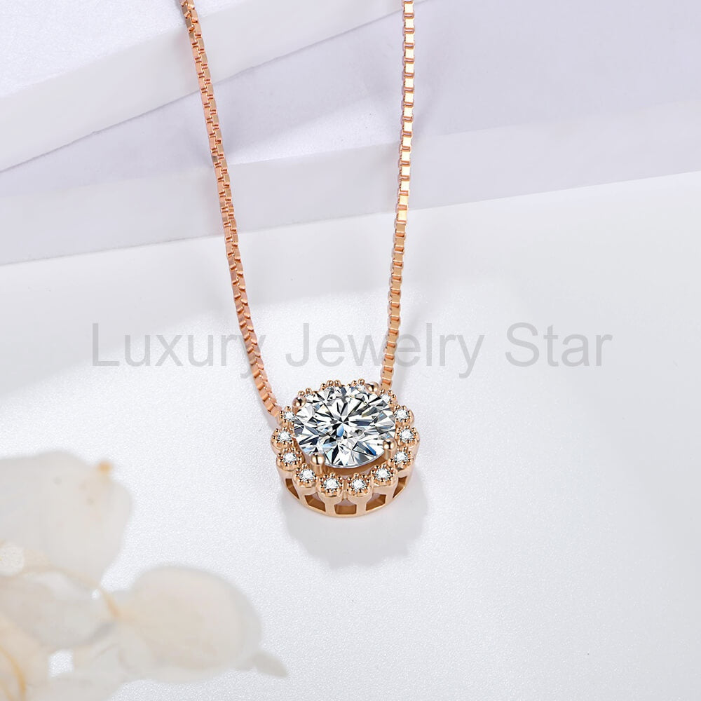Rose Gold Halo Round Moissanite Sterling Silver Necklace - image 3