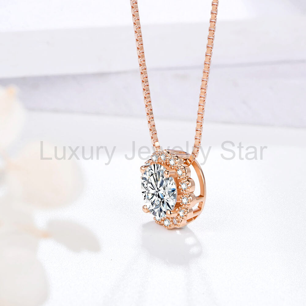 Rose Gold Halo Round Moissanite Sterling Silver Necklace - image 4